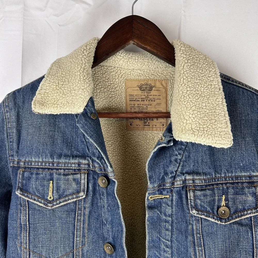 Old Navy Jacket Youth Medium Sherpa Lined Denim Trucker Shearling‎ Collar Warm